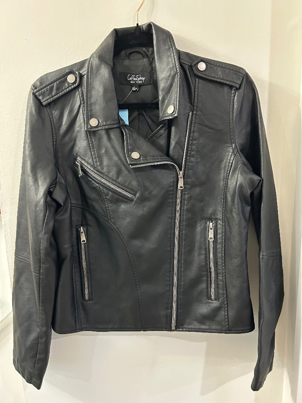 Coffee Shop NY Black Faux Leather Moto Biker Jacket Women’s L